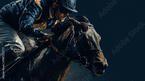 Moment of Conquest: A jockey in full gear, astride a powerful steed, charges forward with unwavering determination, embodying the raw energy of competitive horse racing.