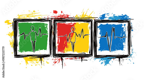 Abstract illustration with three color-blocked squares, each with a person and an EKG line