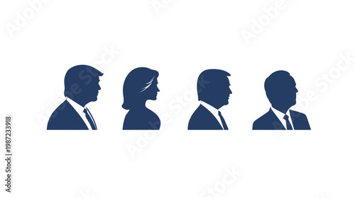 Silhouettes of four people in profile, dark blue on a white background, some wearing suits