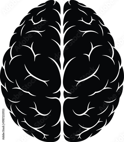 Black silhouette of human brain showing hemispheres and cognitive function structure 