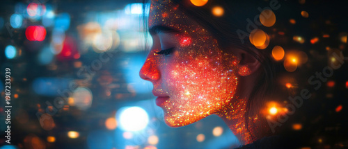 A woman bathed in the glow of the night, with a sparkling starry pattern on her face, closes her eyes, providing an atmospheric backdrop for digital creative campaigns.