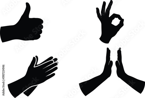 hand gesture silhouette vector set featuring thumbs up ok sign clapping hands and high five icons isolated on white background
