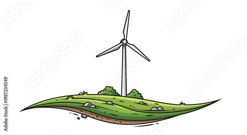 Wind turbine on green land island.