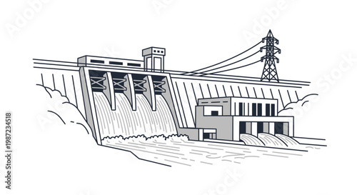 Dam structure with power lines.