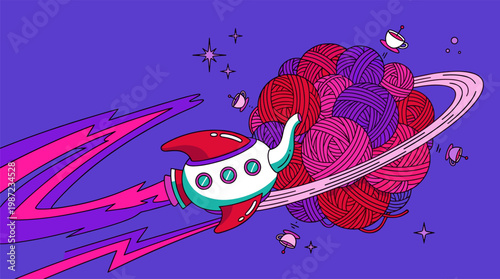 Retro Teapot Spaceship Drifting Past Yarn Planet with Teacup Satellites Pop Surrealism Flat Illustration with Bold Outlines