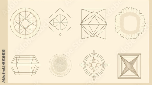 Eight abstract geometric designs in sepia tones, circles, squares, lines, angles, and symmetry