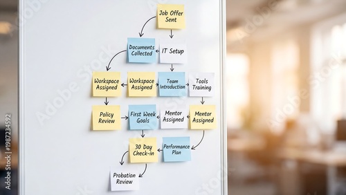 Tableau sur toile Employee onboarding workflow mapped on whiteboard with sticky notes showing ori