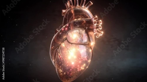A high-detail 3D anatomical model of a human heart glowing with an internal cosmic nebula and shimmering golden particles against a dark background representing life energy and vitality.