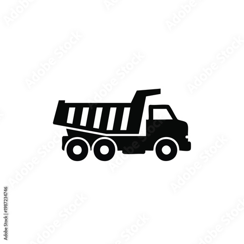 Black dump truck icon, silhouette vehicle, construction truck, transportation symbol