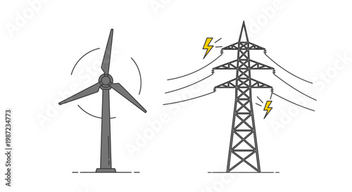 Wind turbine and power transmission tower.