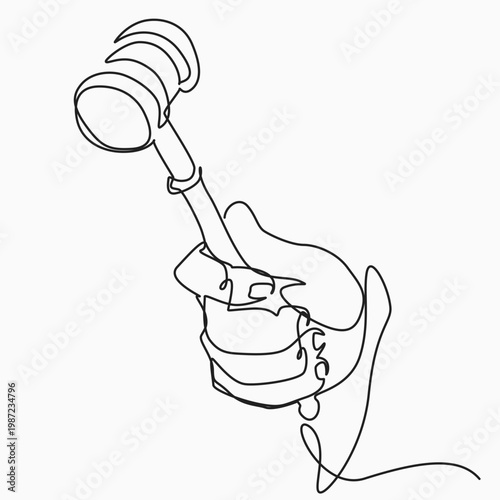 One continuous line art of The judge's hand holds the gavel of law