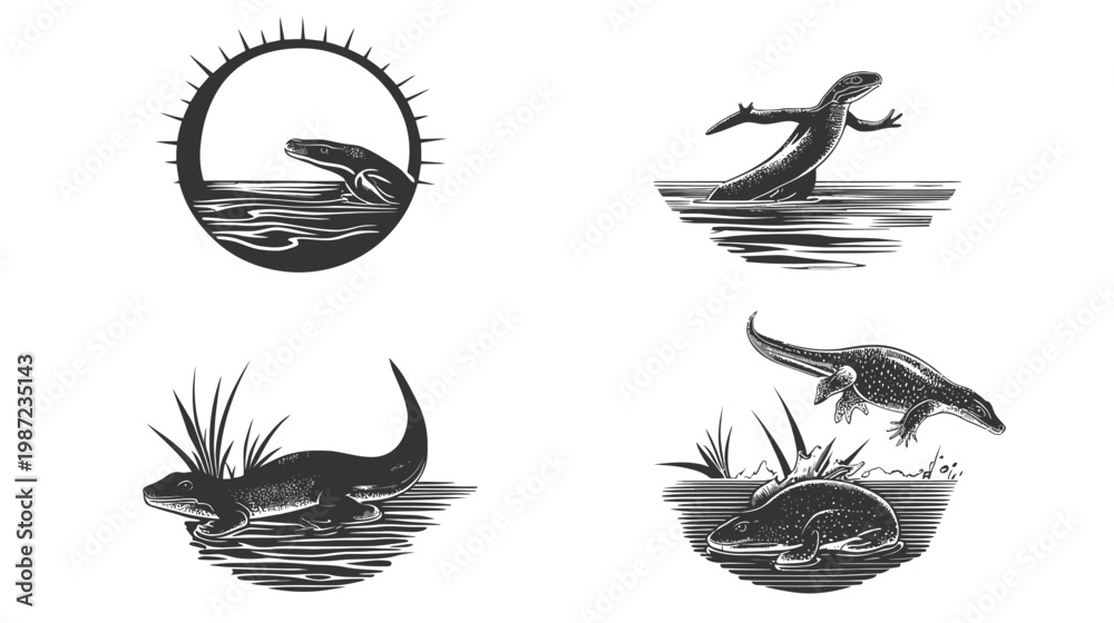 Fototapeta premium A collection of black and white illustrations featuring stylized amphibian-like creatures in various aquatic scenes