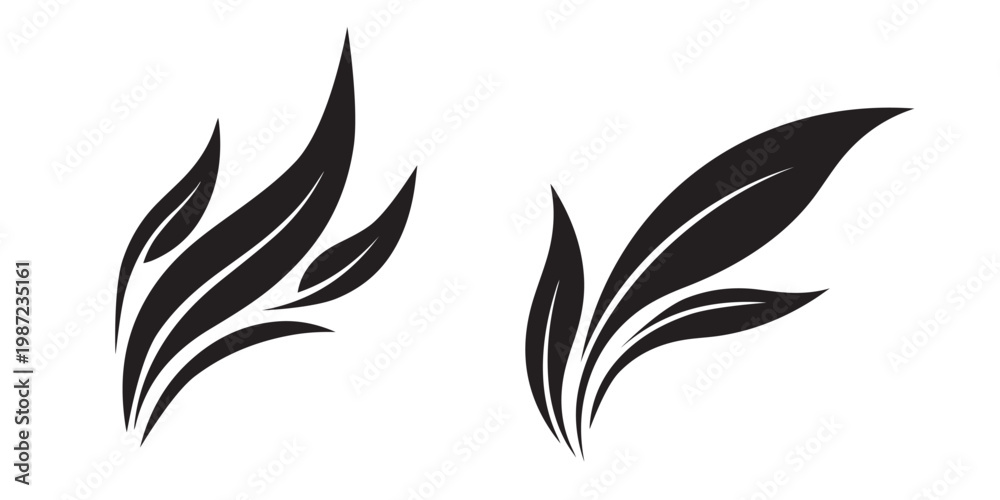 Fototapeta premium Two abstract black leaf design elements with black and white leaf outline organic shape stylized leaf modern design