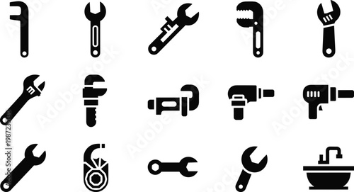 plumbing and mechanical tools silhouette vector set featuring wrenches pipe wrench clamps drill tools faucet and repair equipment icons isolated on white background