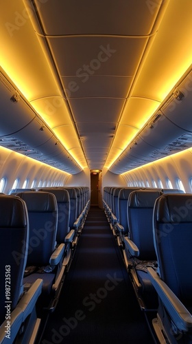 The empty cabin of a passenger aircraft, with its rows of seats, is bathed in warm light; it makes a perfect backdrop for articles on travel and aviation.