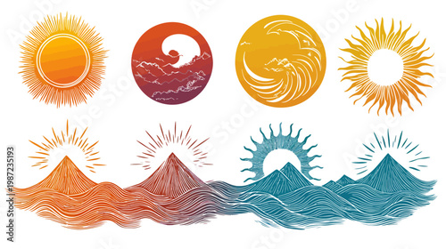 Collection of stylized illustrations featuring suns, moons, mountains, and waves in a textured, graphic style