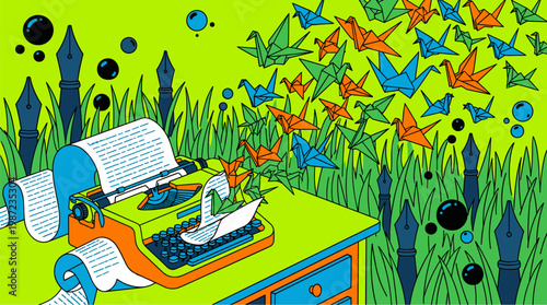 Vintage Typewriter With Origami Birds Pop Surrealism Flat Illustration With Bold Outlines