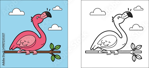 Happy cute pink flamingo bird sitting on a tree branch against blue sky and clouds cartoon vector illustration