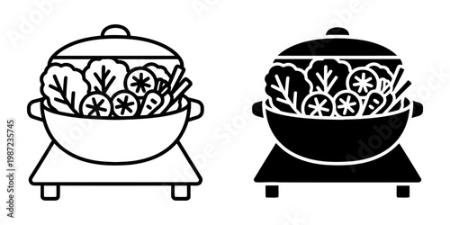 Hot pot with fresh ingredients and vegetables, presented in a stylish cooking pot, symbolizing culinary traditions and communal dining experiences for healthy meals.