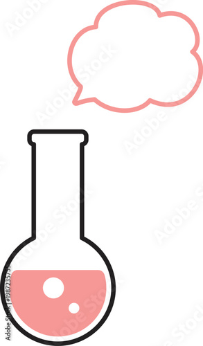 A simple illustration of liquid in a round flask and a puffy speech bubble
