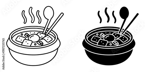 Flavorful soup with tofu, egg, and vegetables, chopsticks and spoon, steam rising, line art and silhouette styles, Asian cuisine illustration.