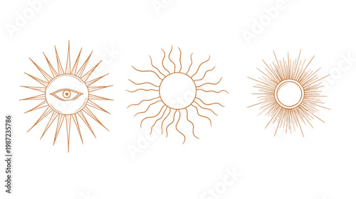 Three stylized sun illustrations in a warm tone, on a stark white background