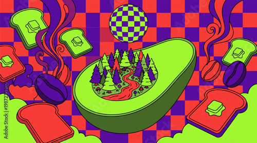 Giant Floating Avocado Forest Scene with Toast and Coffee Beans Pop Surrealism Flat Illustration with Bold Outlines