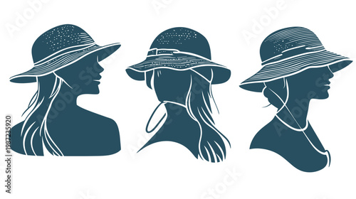 Silhouettes of women in hats with flowing hair, in side profile against a white background