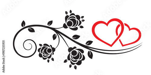 Elegant floral scroll with two intertwined red hearts black and white ornament decoration decorative illustration