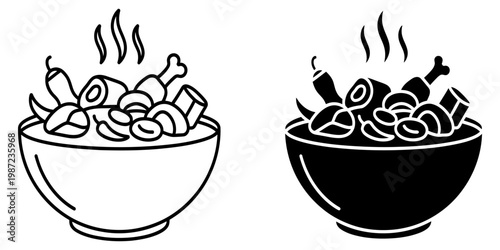 Spicy chicken soup icon set featuring steaming bowl with chicken drumsticks and chili peppers in line and solid style for restaurant menus food apps culinary branding and kitchen website elements.