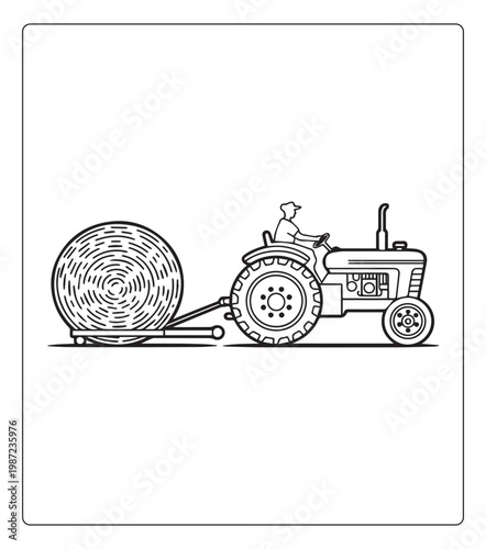 Agriculture equipment tractor coloring page for kids, black and white line art drawing