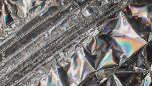 Abstract Silver Foil Texture with Iridescent Reflections and Wrinkled Surface.