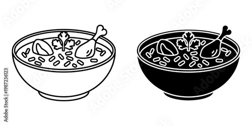 Asian chicken noodle soup icon set featuring bowl with rice grains chicken leg and herbs in line and solid style for oriental restaurant menus food delivery apps and culinary branding elements.