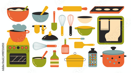 A colorful illustration displays various baking and cooking tools including bowls whisks pots pans and kitchen appliances high quality professional detailed modern elegant stylish clean crisp