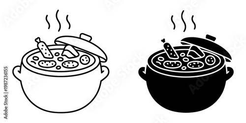 Black and white vector illustration set of traditional stew pot with meat and vegetables line and glyph icons showing steaming hot soup cauldron for cooking meal preparation kitchenware collection.
