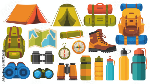 An assortment of colorful camping gear is displayed including tents backpacks a map and various outdoor accessories high quality professional detailed modern elegant stylish clean crisp