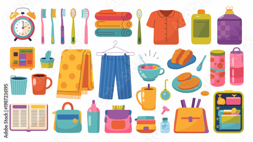 A colorful collection of everyday items is displayed including toiletries clothing food and household objects neatly arranged on a white background high quality professional detailed modern