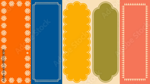 A vibrant composition of four rectangular panels each featuring unique decorative borders and distinct color schemes high quality professional detailed modern elegant stylish clean crisp colorful