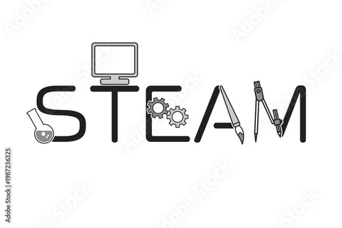 A combination of the letters “STEAM” and simple monochrome illustrations representing them