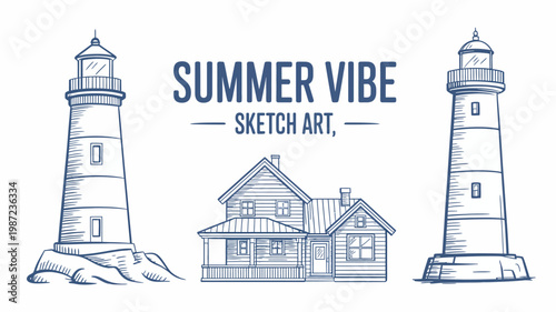 A simple sketch depicts two lighthouses and a small coastal house all rendered in blue lines against a clean white background high quality professional detailed modern