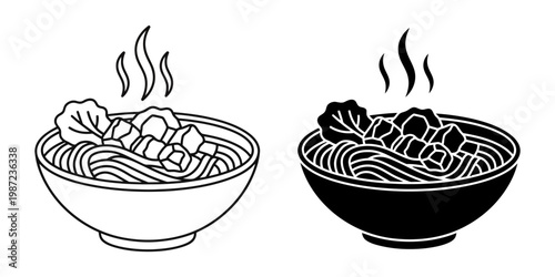 Bowl of ramen noodles with meat and vegetables vector illustration set featuring line and glyph icons of steaming hot asian soup for oriental cuisine menu design showing delicious japanese ramen.