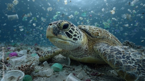 Turtle Swimming Through Polluted Ocean Environment with Waste Debris