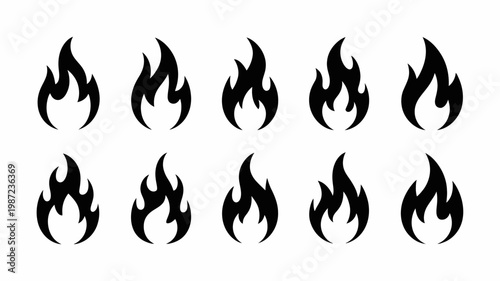 A collection of stylized black flame icons is displayed against a white background showcasing various shapes and sizes of fire high quality professional detailed modern elegant