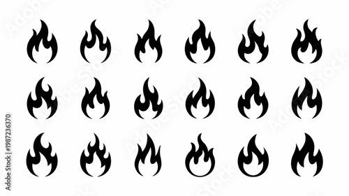 A collection of stylized black fire flame icons arranged in a grid pattern against a clean white background high quality professional detailed modern elegant stylish crisp