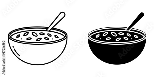 Cereal bowl with spoon icon vector illustration set in outline and black filled styles for healthy breakfast branding or morning meal products isolated on white background for commercial project.