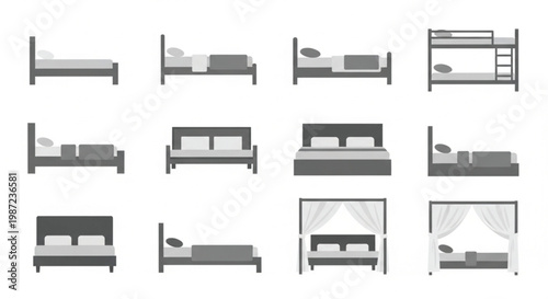 A comprehensive collection of bed vector icons for bedroom interior design. The set features various types of beds, including single, double, king-size, bunk beds, and canopy beds, shown from side.