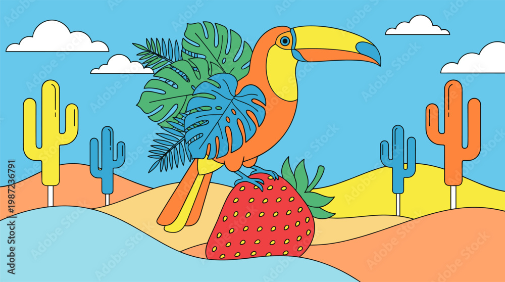 Naklejka premium Tropical Toucan Perched On Giant Strawberry Pop Surrealism Flat Illustration With Bold Outlines