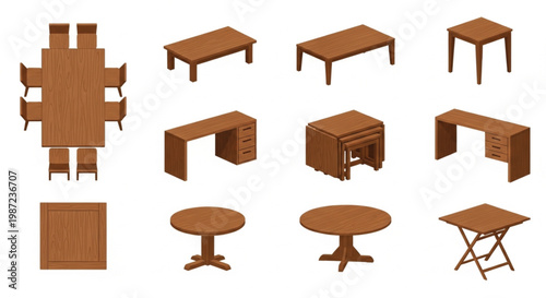 A comprehensive collection of 3D isometric and top-view wooden furniture icons. This set includes various dining tables, office desks with drawers, round pedestal tables, coffee tables.