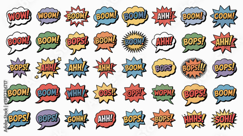 A vibrant collection of comic book speech bubbles and explosion effects fills the frame showcasing dynamic onomatopoeia in various colors high quality professional detailed modern elegant