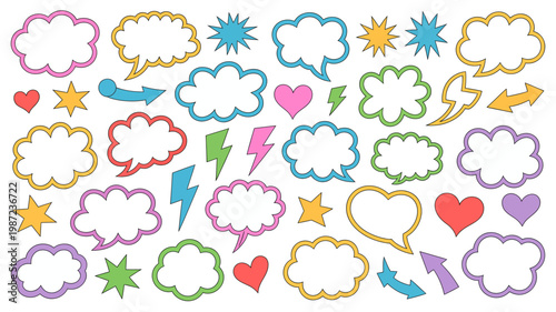 A colorful assortment of speech bubbles stars hearts and lightning bolts are scattered across a plain white background high quality professional detailed modern elegant stylish clean